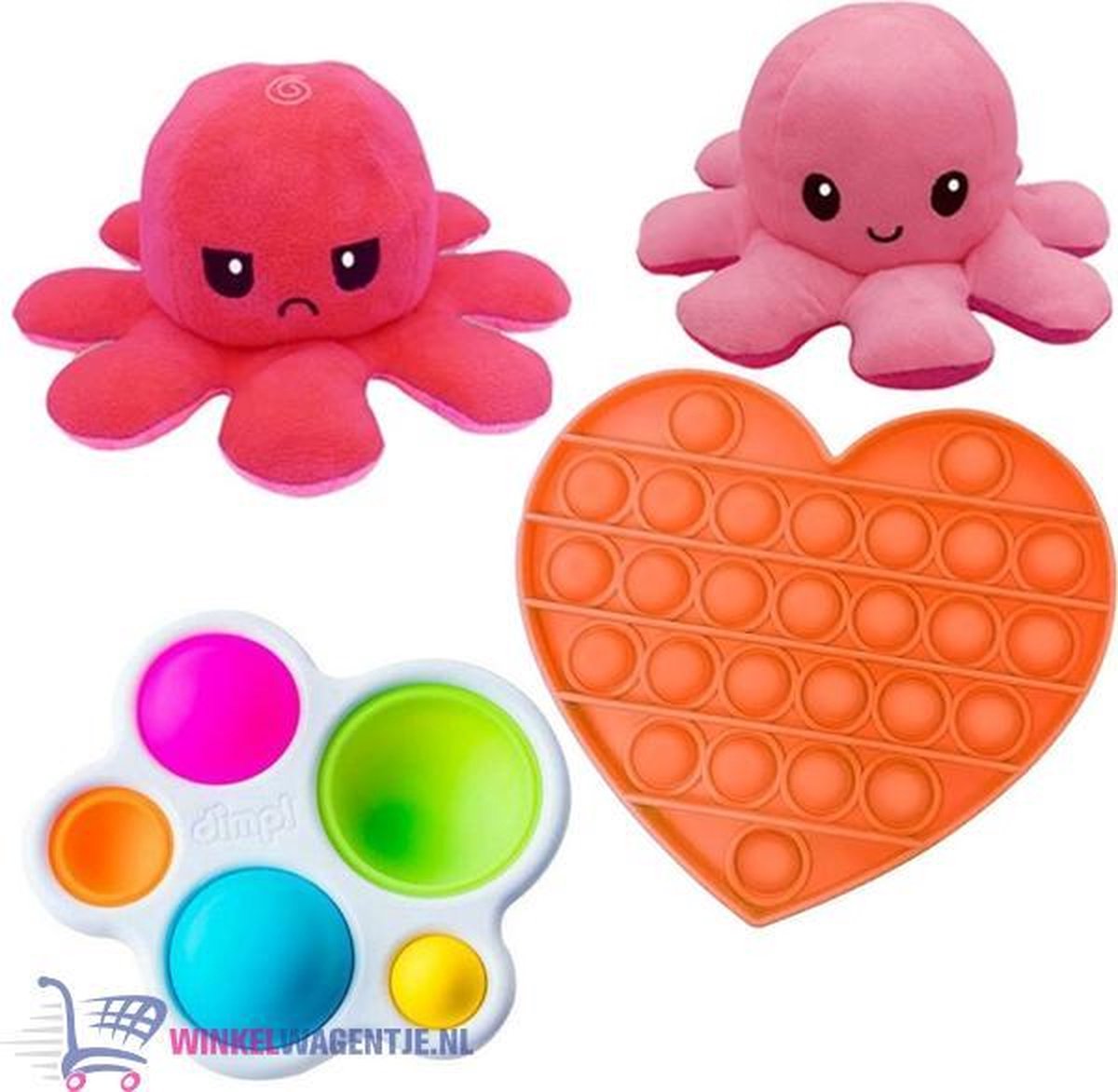 Pop It Fidget Toy (Hart Oranje)+ Simple Dimple + Octopus Mood Knuffel (Roze) | pop it fidget toy goedkoop, fidget toy, fidget toys pakket, fidget toys pop it, fidget toys stressbal, speelgoed voor kinderen, TikTok